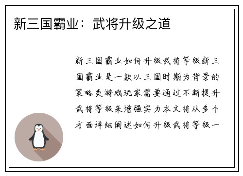 新三国霸业：武将升级之道